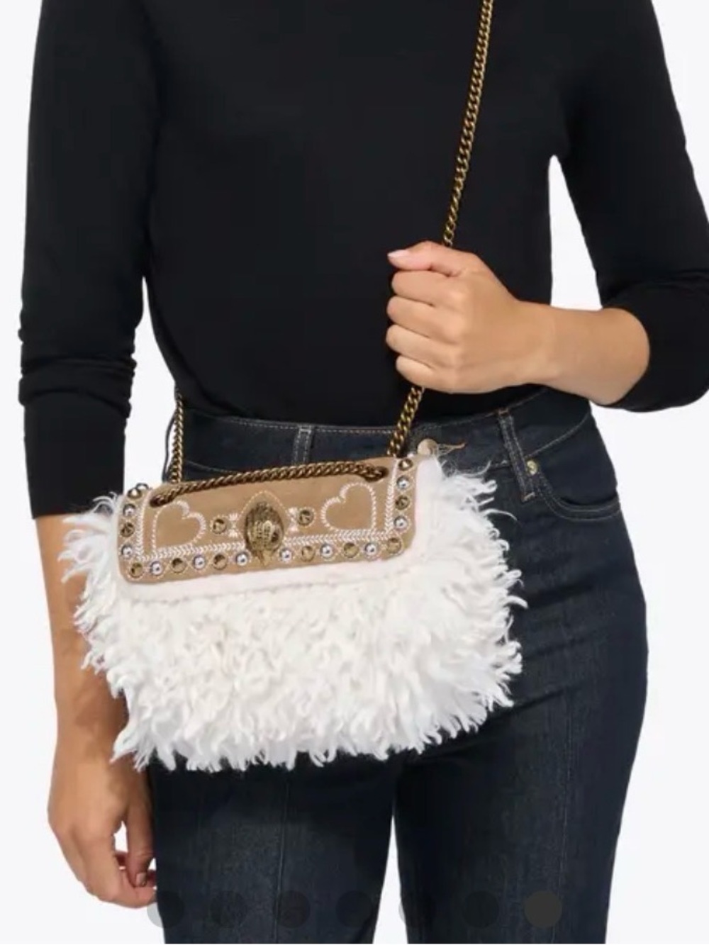 White Faux-Fur Crossbody Bag with Tan Trim